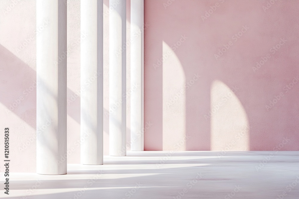 Poster elegant columns stand tall against a muted pastel backdrop, casting soft shadows and creating an air