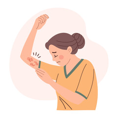 Woman with itchy skin rash. Allergic itching, skin inflammation, redness and irritation. Healthcare and medicine.