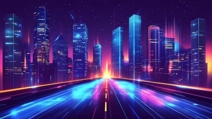 Futuristic cityscape with glowing skyscrapers and neon lights, high-tech and vibrant, highly detailed, dynamic and sleek, advanced and energetic atmosphere