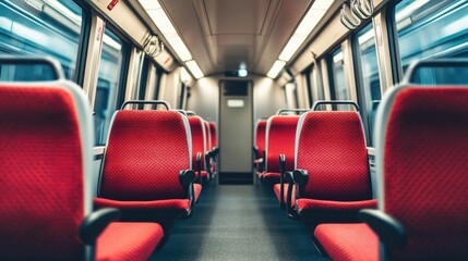 Fototapeta premium An interior view of a modern train carriage, featuring comfortable seating and clean design, illustrating the convenience and comfort of contemporary rail travel.