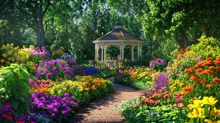 Obraz premium Vibrant Floral Paradise: A Serene Gazebo in a Blooming Garden