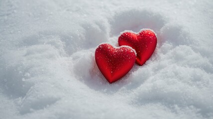 Happy valentines day background with two red hearts on white snow
