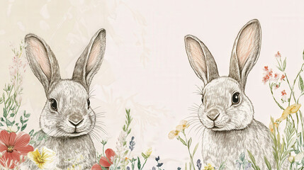 Obraz premium Cute Rabbits with Wildflowers Illustration