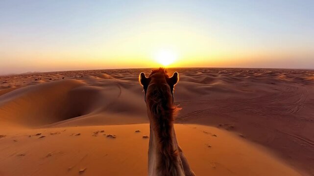 First-Person Perspective of Riding a Camel Through a Desert at Sunset