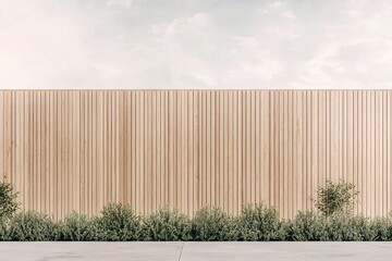 Fototapeta premium A modern Nordic-inspired design showcases a natural wood facade with vertical slats, complemented by minimalist landscaping and an expansive muted sky for visual tranquility