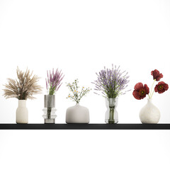 3D illustration of beautiful bouquets in modern glass vases with poppy flower isolated on white background