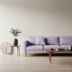 Modern minimalist living room with lavender sofa and wooden furniture