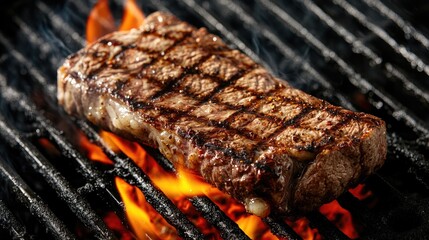 An overhead shot of a steak on a sizzling hot grill, with flames and smoke rising around it, capturing the cooking process and the searing effect on the meat.