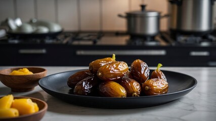 fresh dates, served in black dinner plate, blurred kitchen background with kitchen equipment, afternoon ramadhan atmosphere
