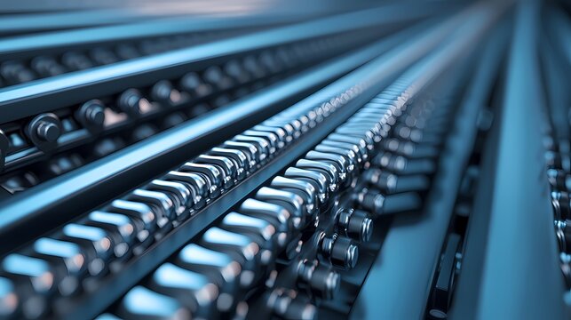 A close-up view of shiny, metallic gears arranged in parallel, showcasing intricate details and smooth surfaces, reflecting light in a cool-toned environment.