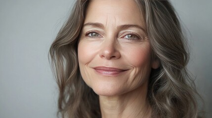 Naklejka premium A close-up of a -year-old woman's face with natural, radiant skin, showcasing fine lines and wrinkles with a gentle, confident smile against a neutral background.