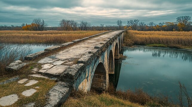 An old stone bridge over a river in an autumnal field.