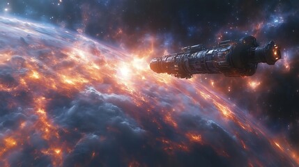 Spaceship orbiting fiery planet.