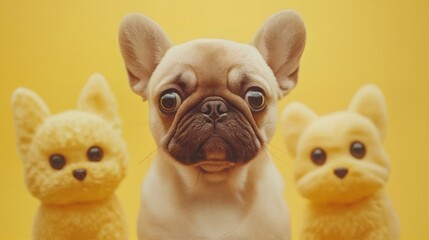 Fototapeta premium A cute French Bulldog puppy stands between two miniature yellow dog statues against a bright yellow background.