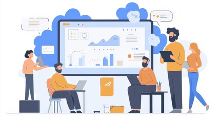 Fototapeta premium A cloud specialist leading a training session for office employees, explaining how to use cloud collaboration tools and data sharing platforms on digital whiteboards