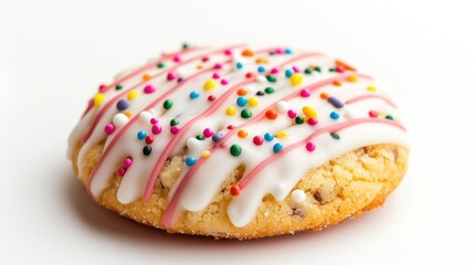 A close-up of a cookie with a drizzle of icing and colorful sprinkles, set against a white background to emphasize the decorative and sweet elements.