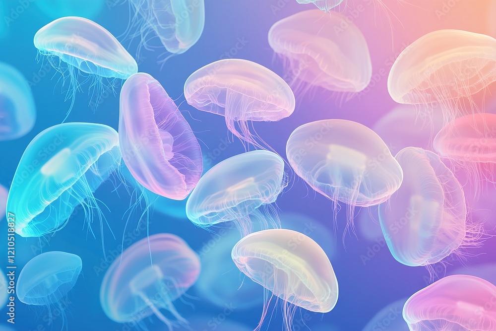 Poster translucent jelly-like shapes float playfully in pastel colors, glowing with neon accents, set again