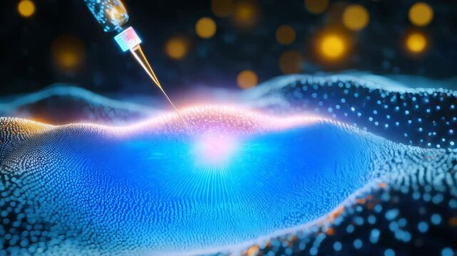 Detailed 3D-rendered scene depicting nanotechnology, featuring a glowing needle-like probe interacting with a vibrant undulating surface of illuminated particles, representing scientific innovation.
