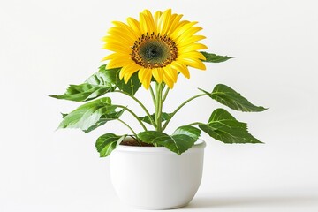 Obraz premium Sansevieria plant in a modern flower pot stands on a gray table on a white background. Home plant Sansevieria trifa. Home Gardening concept. Selective focus