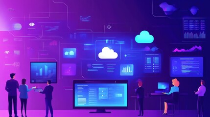 Naklejka premium An IT team monitoring cloud servers and security systems on large digital dashboards, with cloud icons and data flow visualizations displayed on wall-mounted screens in a high-tech office
