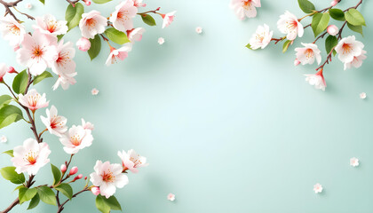 Fototapeta premium Fondo con flores primaverales, ramas de cerezo en flor sobre fondo verde claro pastel