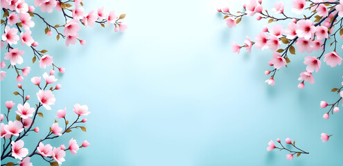 Fototapeta premium Fondo con flores primaverales, ramas de cerezo en flor sobre fondo azul claro pastel. Espacio para texto