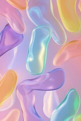 Bright and fun background showcases translucent jelly-like shapes in pastel colors glowing with neon accents. The clean gradient backdrop offers ample space for text, evoking a futuristic feel