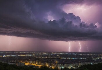 Naklejka premium Lightning bolts illuminate the night sky above a bustling city