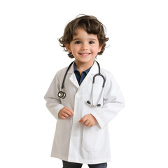 Ultra HD PNG Image of a cute girl standing wearing a doctor's uniform, standing with smiling glasses and a stethoscope is playing a doctor. on a white transparent background.