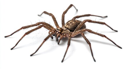 A close-up of a spider with its web visible against a white background, highlighting the spider's legs and the intricate patterns of the web.