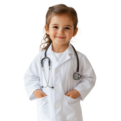Ultra HD PNG Image of a cute girl standing wearing a doctor's uniform, standing with smiling glasses and a stethoscope is playing a doctor. on a white transparent background.