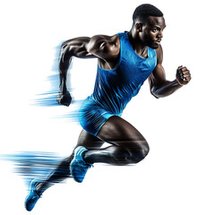 Ultra HD PNG image of a man in blue tank running very fast pose having speed effects on transparent background