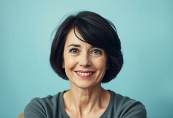 Fototapeta premium Woman with short dark hair and kind smile in relaxed pose