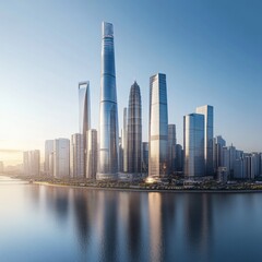 Obraz premium A city skyline with tall buildings along the river, showcasing modern architecture and urban development in China