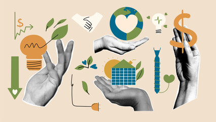 Green business collage, ESG elements with halftone hands. Sustainable energy concepts featuring solar panels, Earth, and eco-friendly elements © Aliaksandra