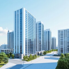 Obraz premium 3D rendering of a modern city with high-rise buildings,with other residential blocks behind it
