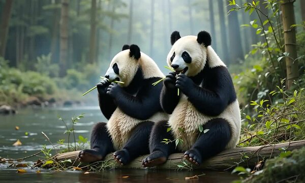 A very cute panda is eating young bamboo, with a beautiful river in the background. 4k videos