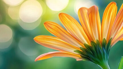 Obraz premium A close-up of a vibrant orange marigold with a rich texture and layered petals, contrasted against a green garden backdrop and soft natural light.