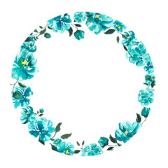 Round frame with blue flowers in watercolor. Blue peonies, roses with leaves. Floral wreath. Crop