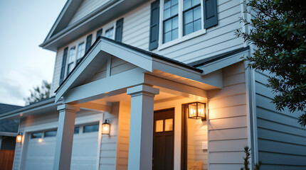Dream House Exterior at Dusk: Modern Home Design, Perfect Porch, and Warm Evening Lighting
