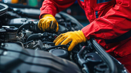 A mechanic wearing red suit and yellow gloves is diligently working on a car engine under the car hood, emphasizing professional auto repair and maintenance.