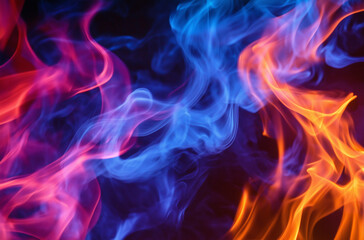Fototapeta premium Red and Blue Light with Flowing Flames, Surreal Abstract Shapes on a Dark Gradient Background, Featuring Glowing Particles, Optical Flares, and Soft Lighting Effects for a Mystical Atmosphere