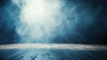 Dark moody background with smoky atmosphere and wooden floor.