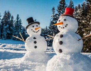 Fototapeta premium Two Cheerful Snowmen in a Winter Wonderland: Joyful Snow Sculptures Amid Frosty Snowflakes and Cold Weather