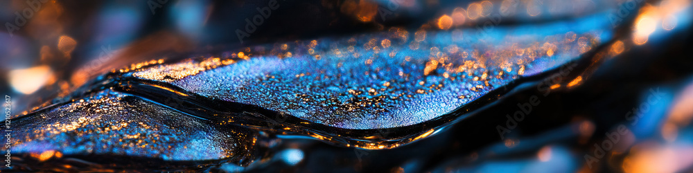 Poster iridescent surface with water droplets and bokeh background