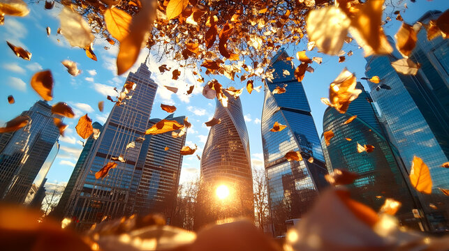 Autumn leaves fall on skyscrapers at sunset, city background; ideal for seasonal promotions