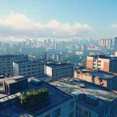 Obraz premium wide shot of hight angle see many buildings, Seeing the horizon in the distance, wide open sky, Saw a lot of office roofs, plants, natural light simulation, Blue and bright shades, detailed textures 