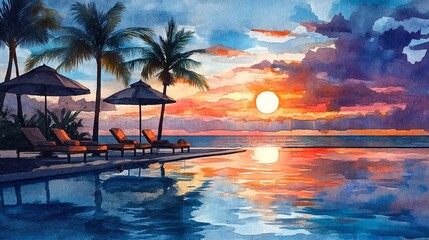 A watercolor painting of a serene sunset over a pool and palm trees.