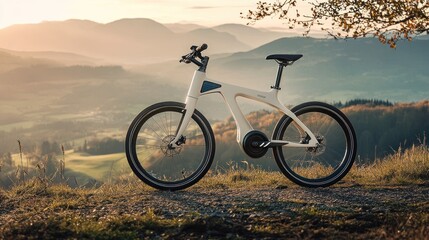 Obraz premium Serene Sunset Ride: Electric Bicycle on Hilltop