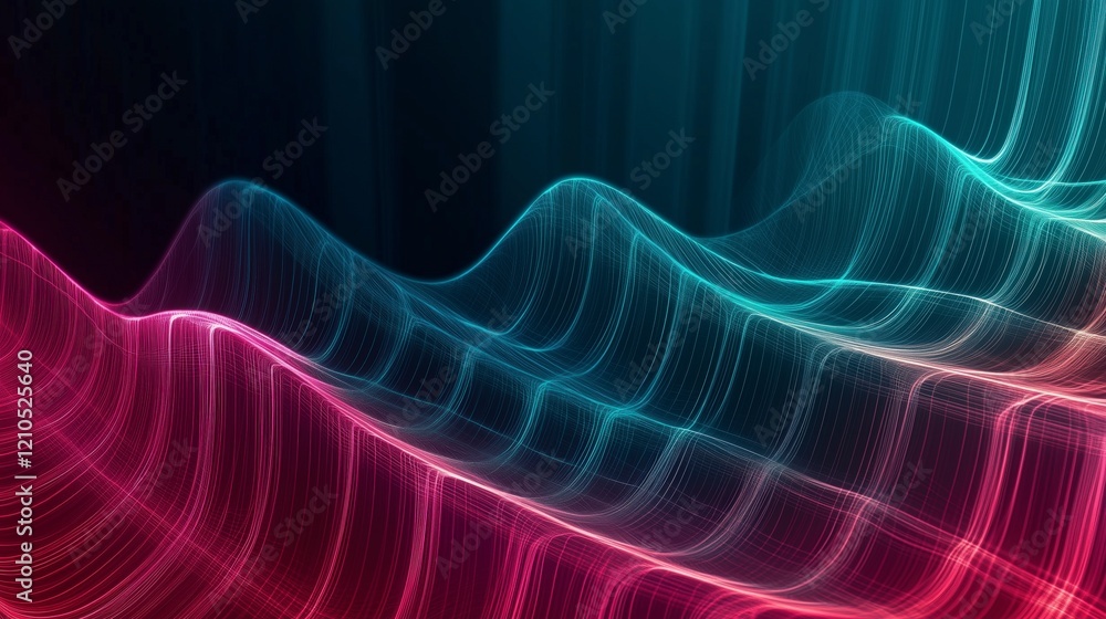 Poster a colorful wave with a purple and blue background. the wave is made up of many small dots, giving it